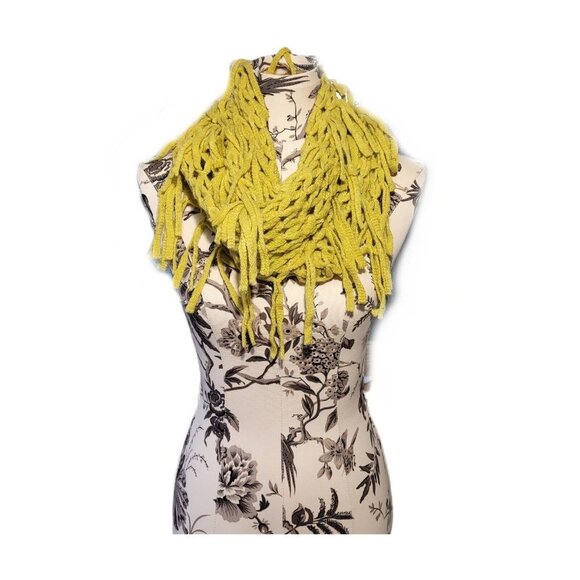 Women's Mustard Yellow Knit Sweater Mesh Infinity Scarf Fringed Edge EUC - Picture 1 of 4